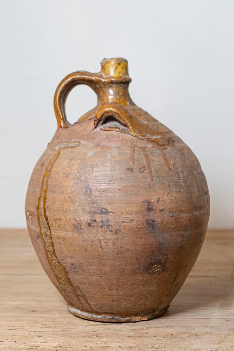 French 19th Century Rustic Pottery Jug with Yellow Glaze and Three Handles - JAA