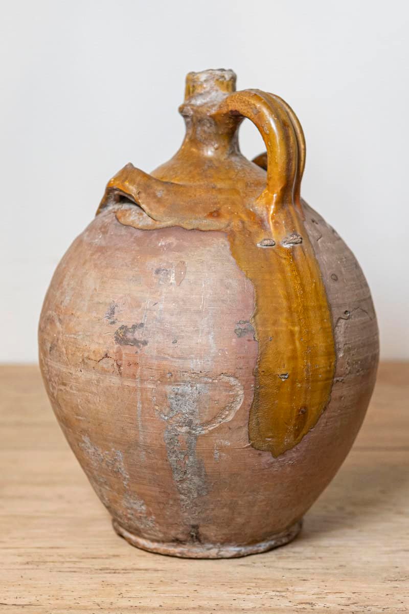 French 19th Century Rustic Pottery Jug with Yellow Glaze and Three Handles - JAA
