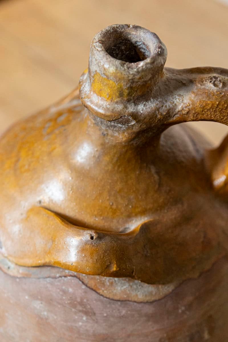 French 19th Century Rustic Pottery Jug with Yellow Glaze and Three Handles - JAA