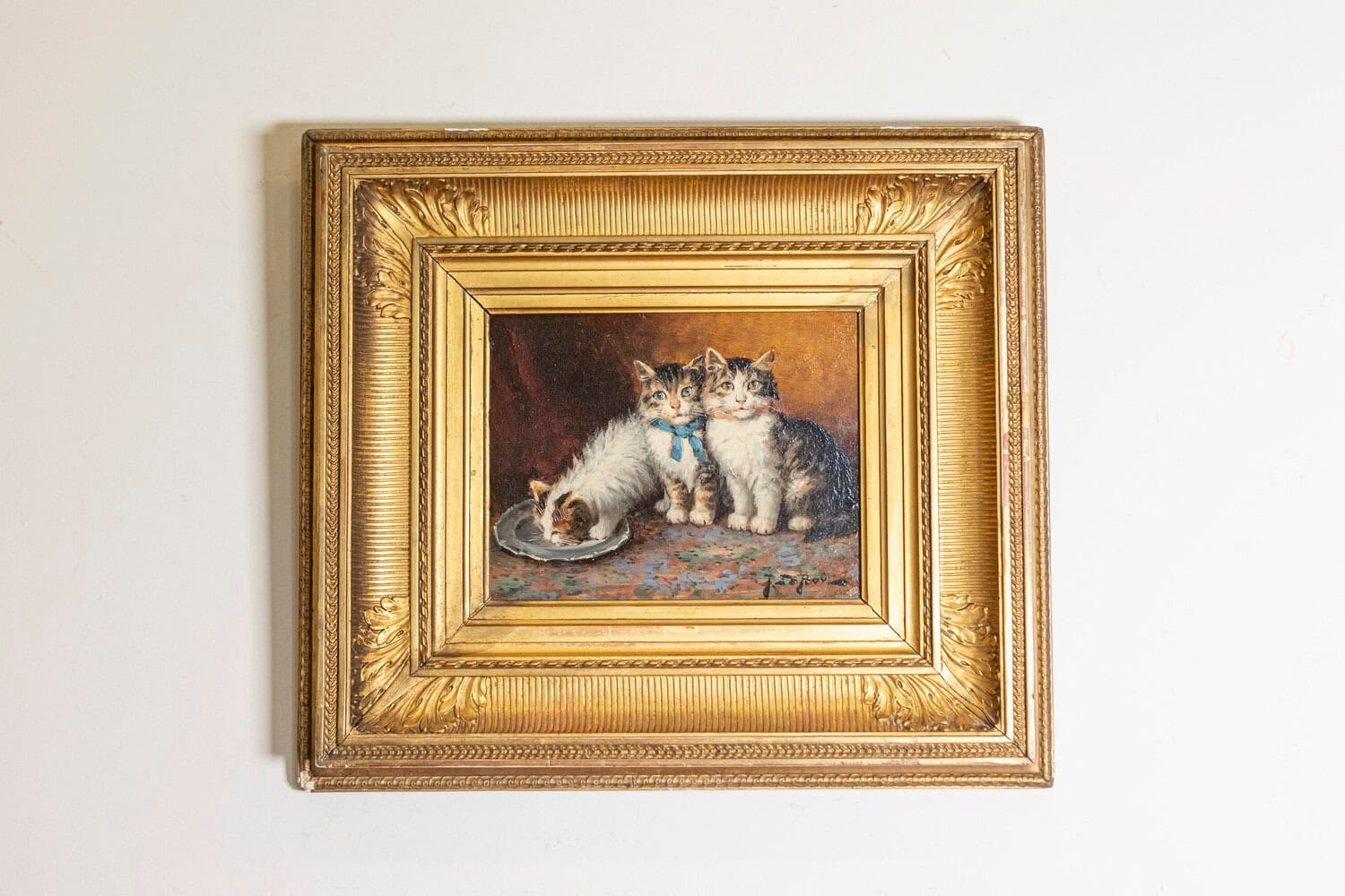 French Giltwood Framed Oil on Panel Kitten Painting Signed Jules Le Roy - JAA