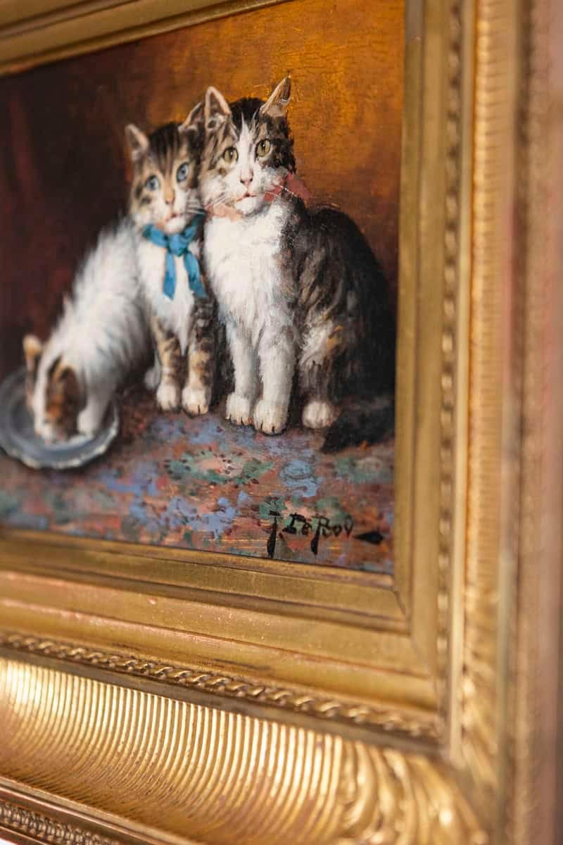 French Giltwood Framed Oil on Panel Kitten Painting Signed Jules Le Roy - JAA