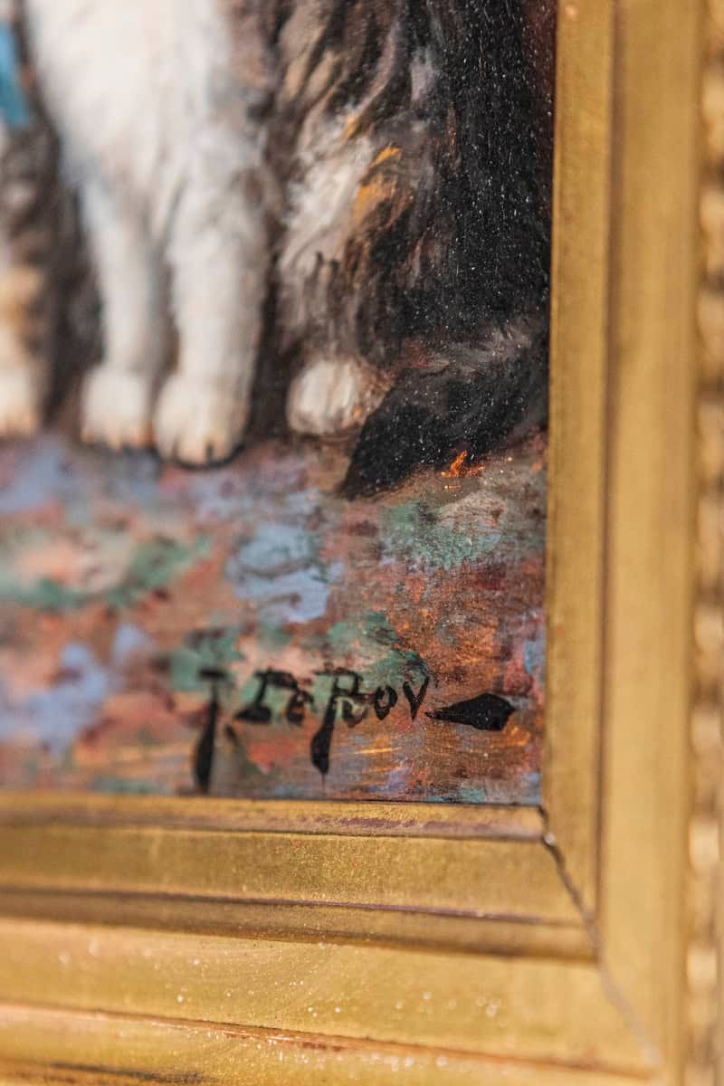 French Giltwood Framed Oil on Panel Kitten Painting Signed Jules Le Roy - JAA