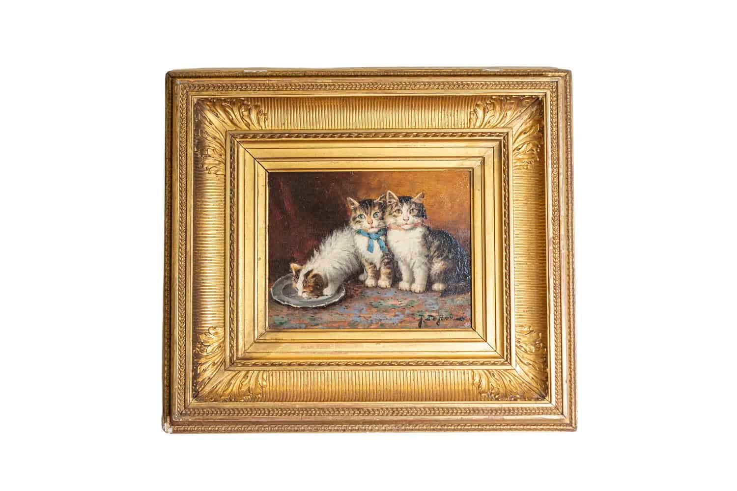 French Giltwood Framed Oil on Panel Kitten Painting Signed Jules Le Roy