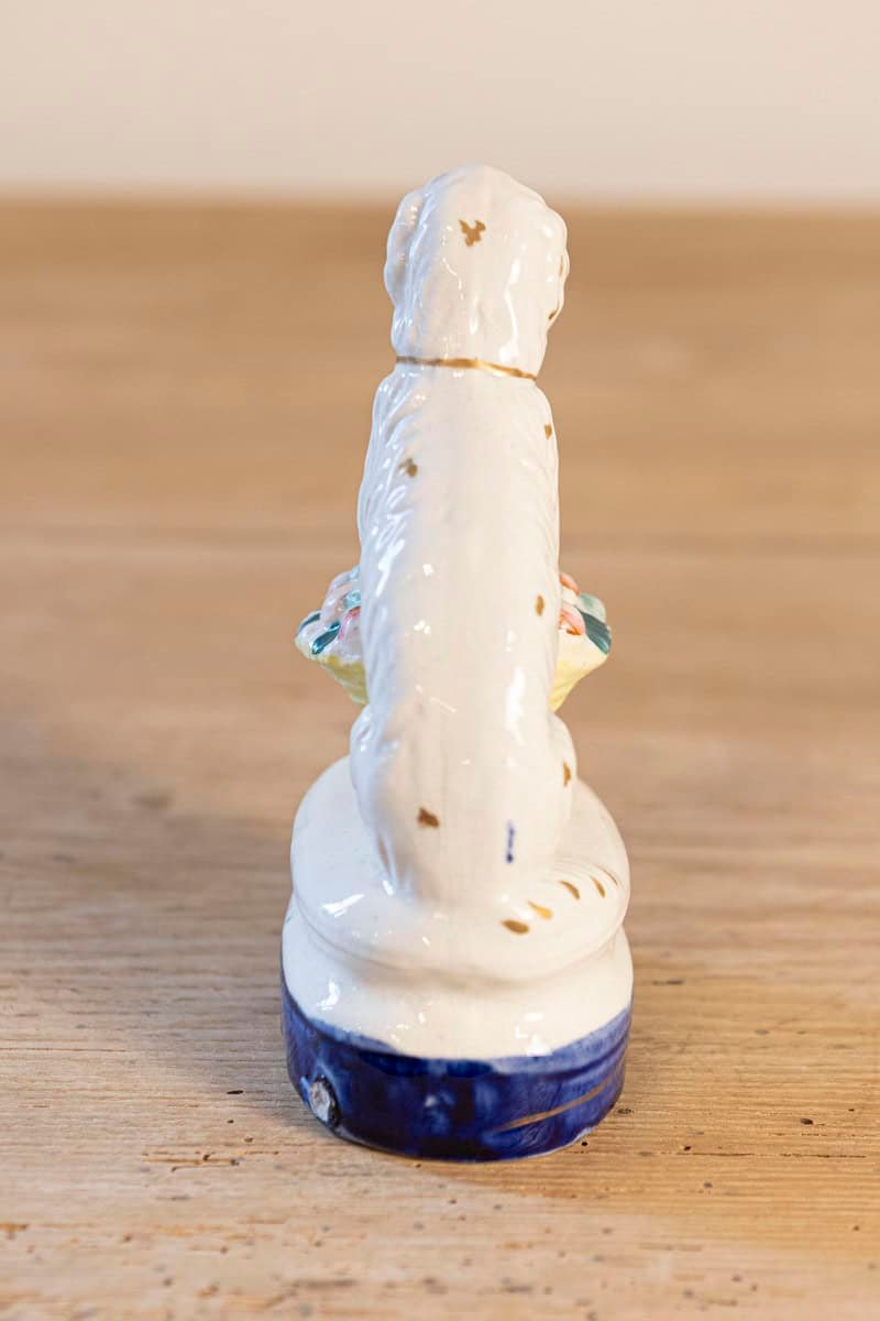 English 20th Century Petite Michael Davis Porcelain Dog with Fruit Basket and Blue Oval Base - JAA