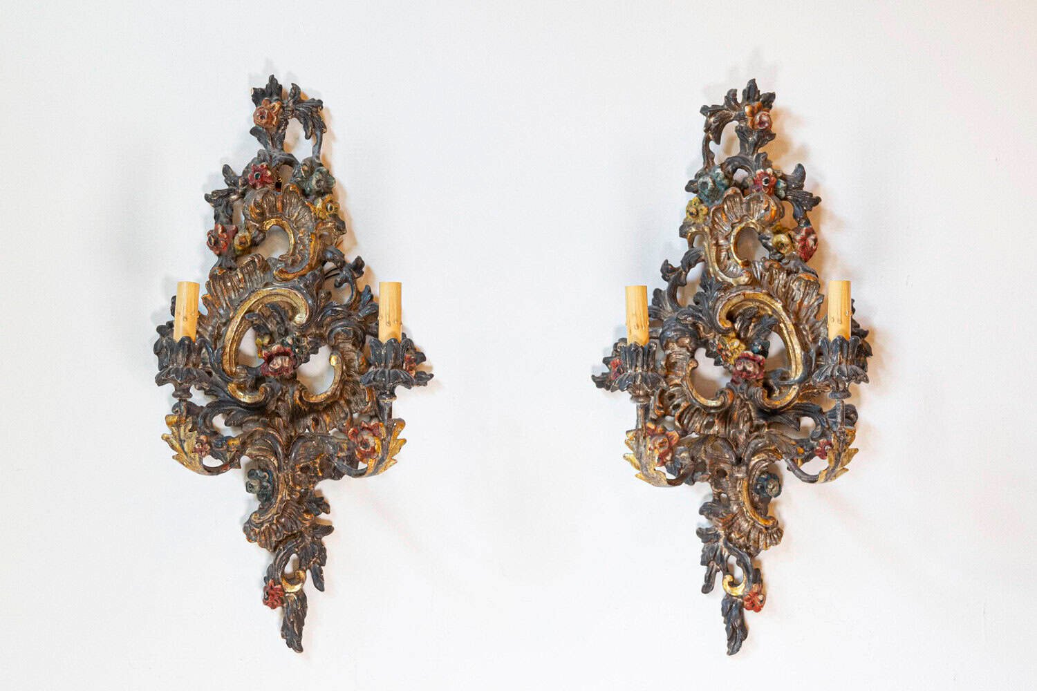 Pair of Italian Rococo Style Late 19th Century Carved and Painted Sconces - JAA