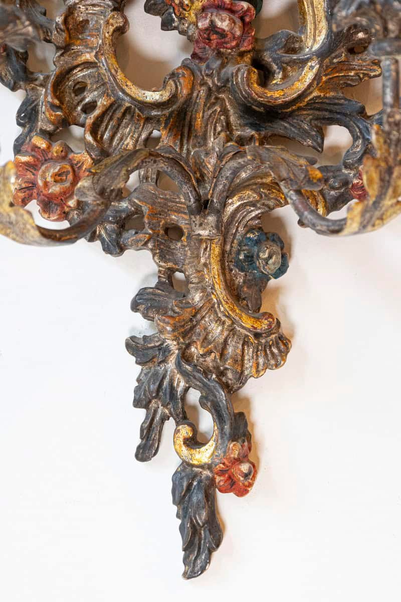 Pair of Italian Rococo Style Late 19th Century Carved and Painted Sconces - JAA