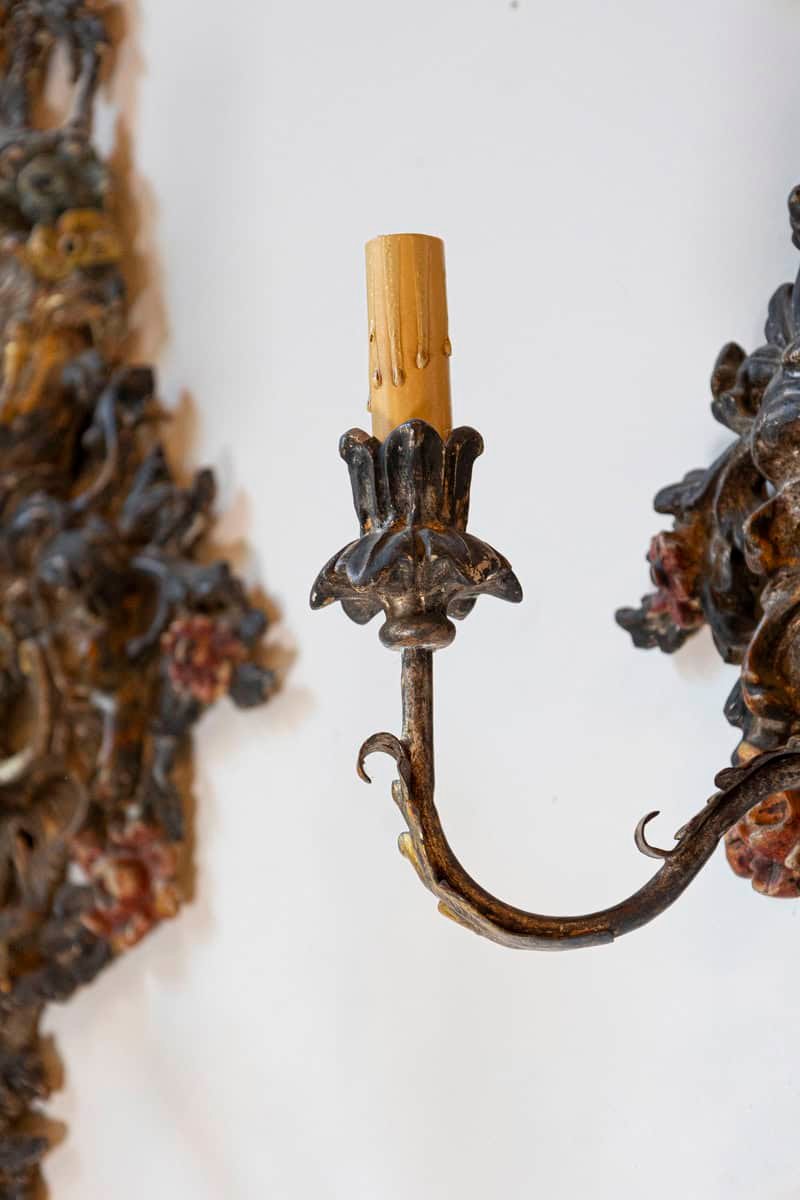 Pair of Italian Rococo Style Late 19th Century Carved and Painted Sconces - JAA