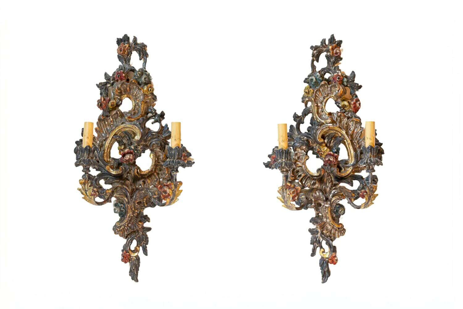 Pair of Italian Rococo Style Late 19th Century Carved and Painted Sconces