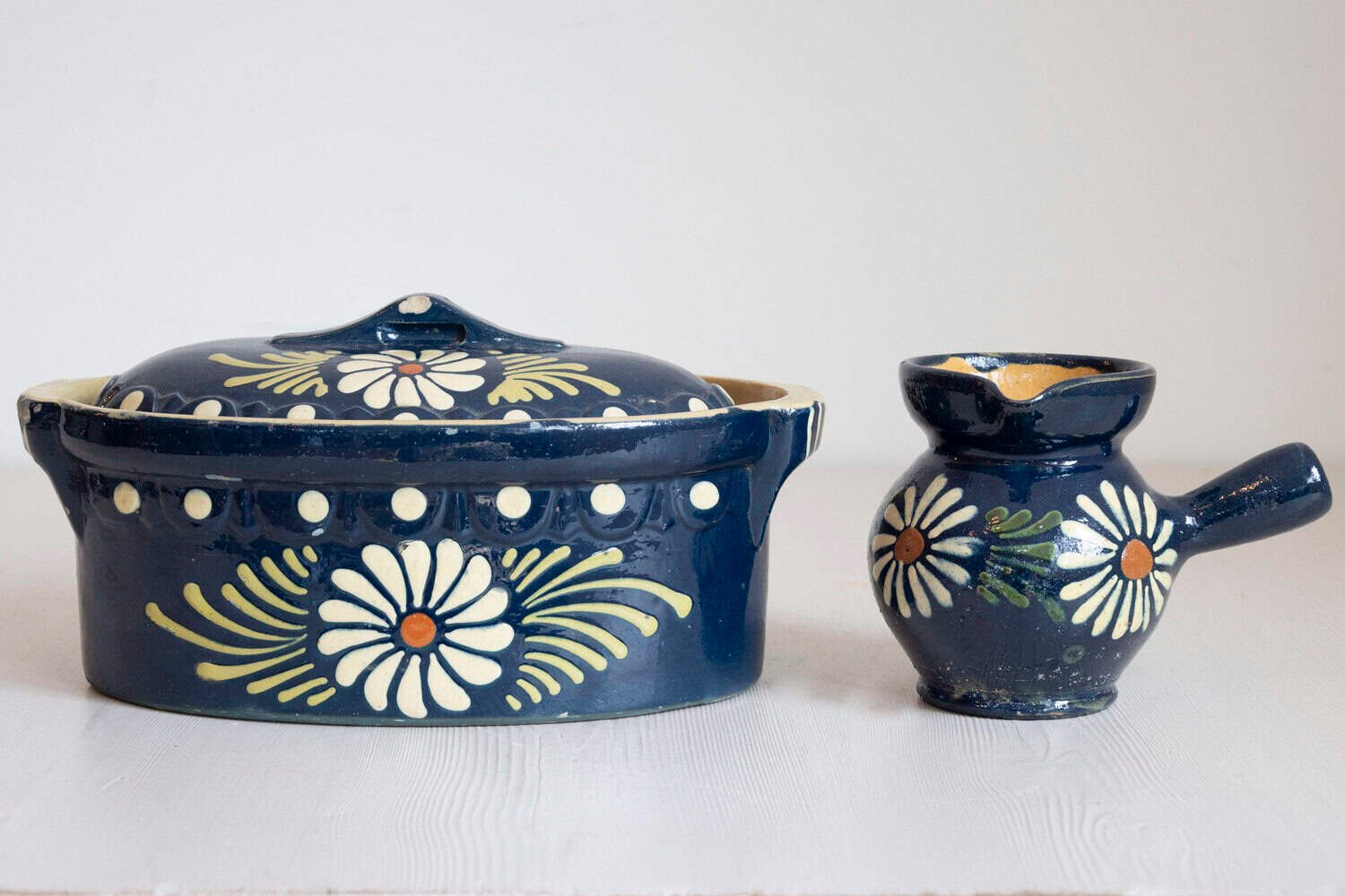 19th Century French Pottery Set with Blue Glaze & White Flowers - JAA