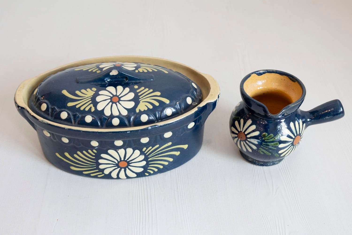 19th Century French Pottery Set with Blue Glaze & White Flowers - JAA