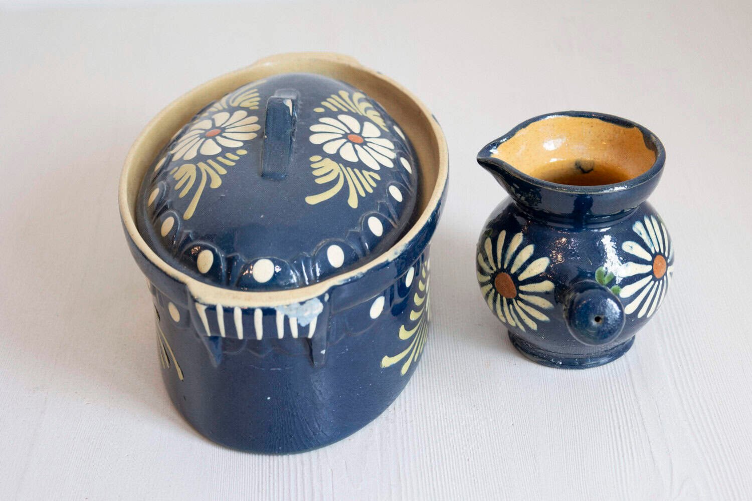 19th Century French Pottery Set with Blue Glaze & White Flowers - JAA
