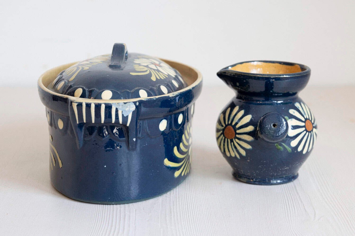19th Century French Pottery Set with Blue Glaze & White Flowers - JAA