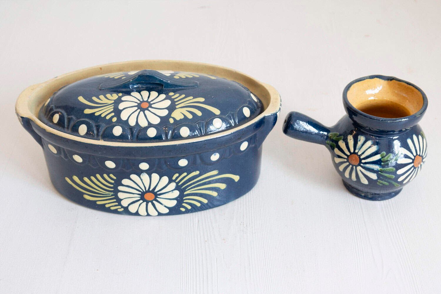 19th Century French Pottery Set with Blue Glaze & White Flowers - JAA
