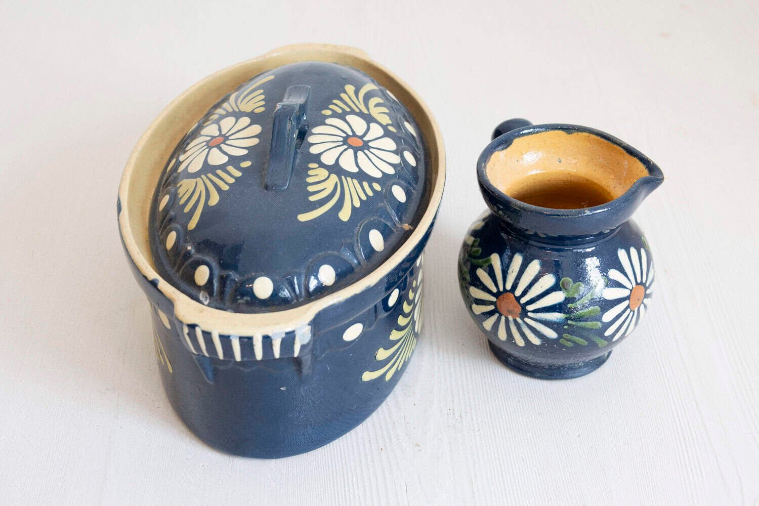 19th Century French Pottery Set with Blue Glaze & White Flowers - JAA