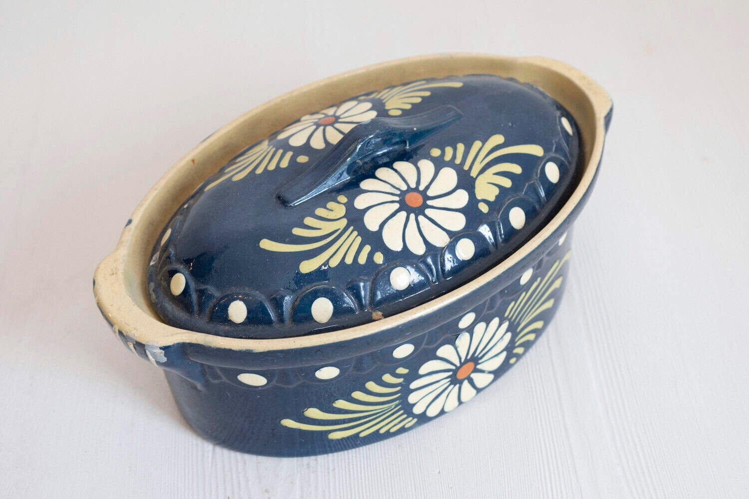 19th Century French Pottery Set with Blue Glaze & White Flowers - JAA