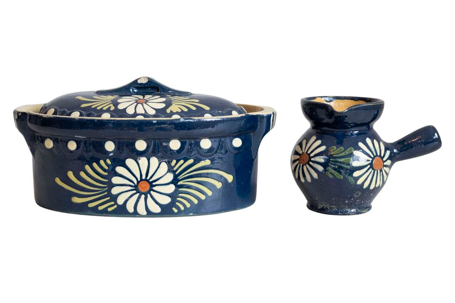 19th Century French Pottery Set with Blue Glaze & White Flowers - JAA