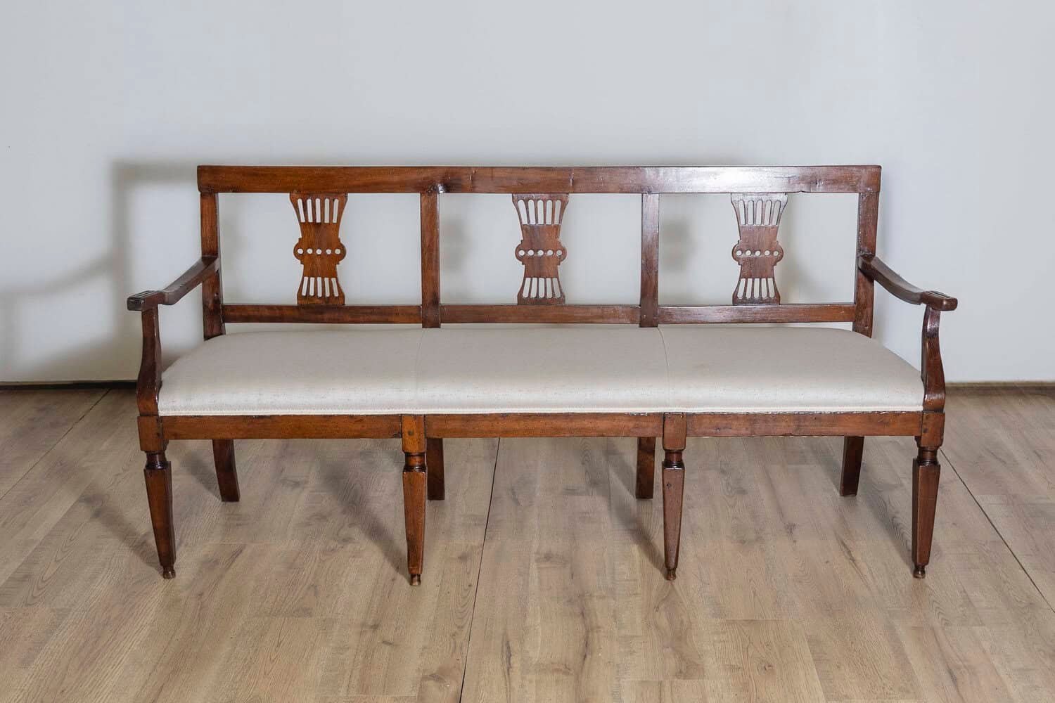 ON HOLD - Italian 19th Century Walnut Three-Seater Bench with Carved Splats and Upholstery - JAA