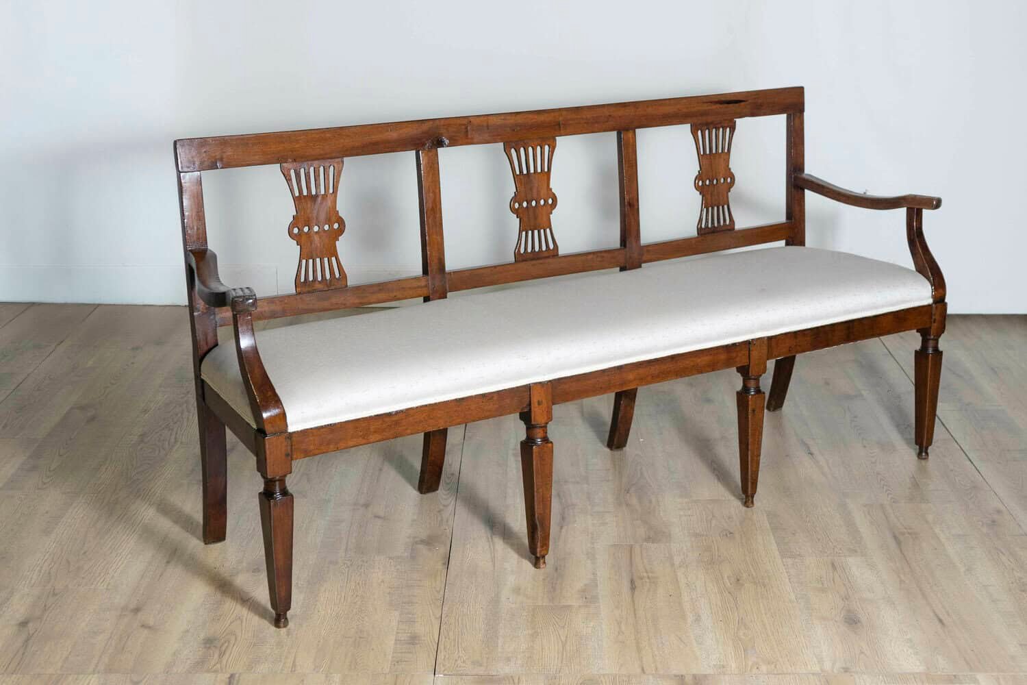 ON HOLD - Italian 19th Century Walnut Three-Seater Bench with Carved Splats and Upholstery - JAA