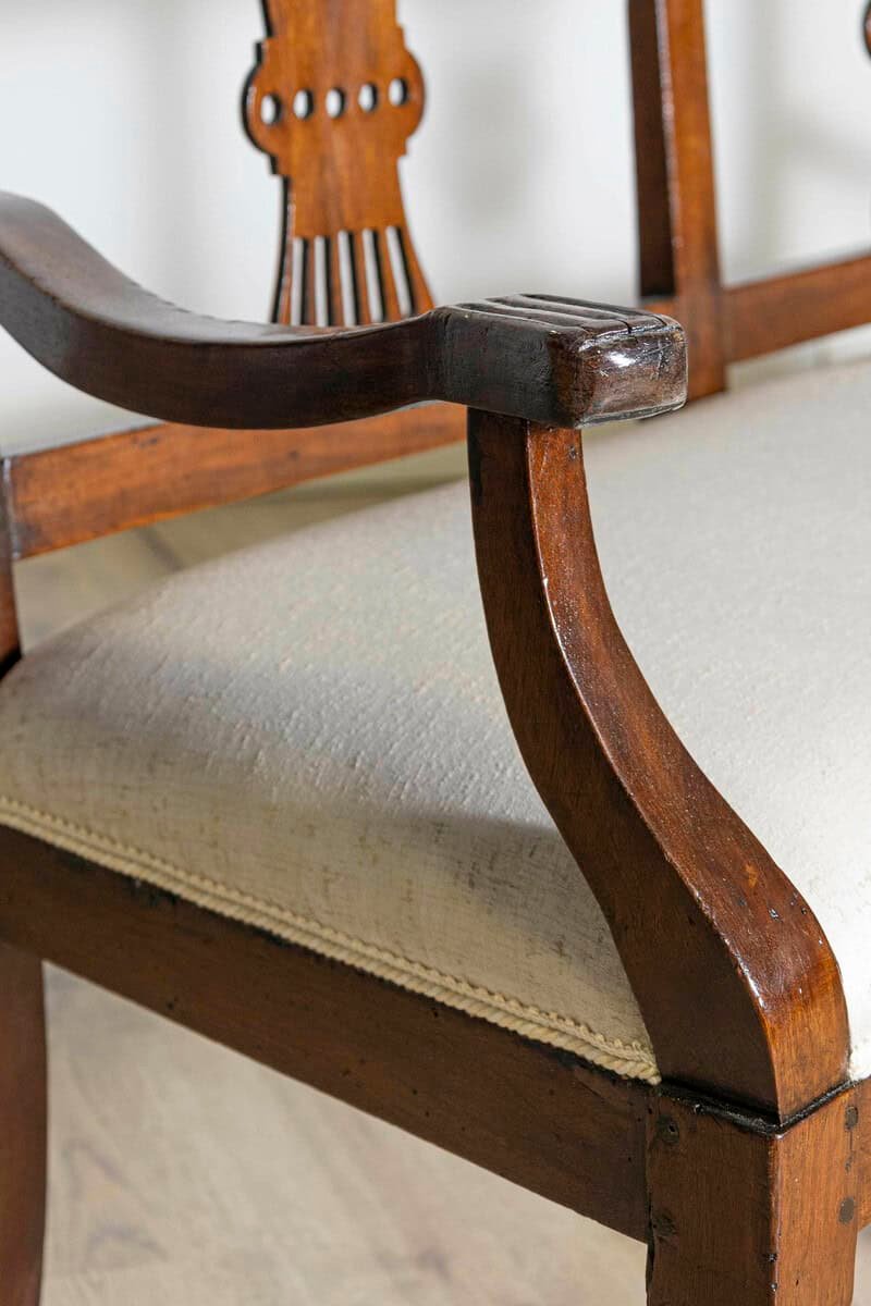 ON HOLD - Italian 19th Century Walnut Three-Seater Bench with Carved Splats and Upholstery - JAA
