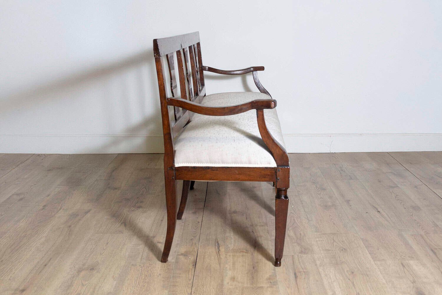 ON HOLD - Italian 19th Century Walnut Three-Seater Bench with Carved Splats and Upholstery - JAA