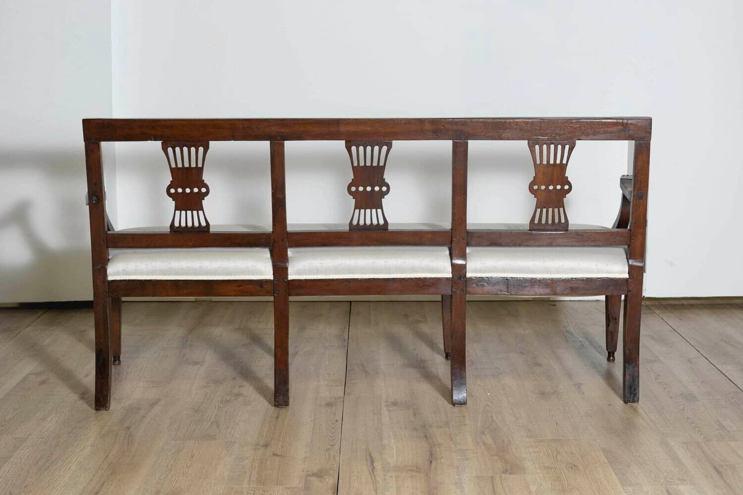 ON HOLD - Italian 19th Century Walnut Three-Seater Bench with Carved Splats and Upholstery - JAA