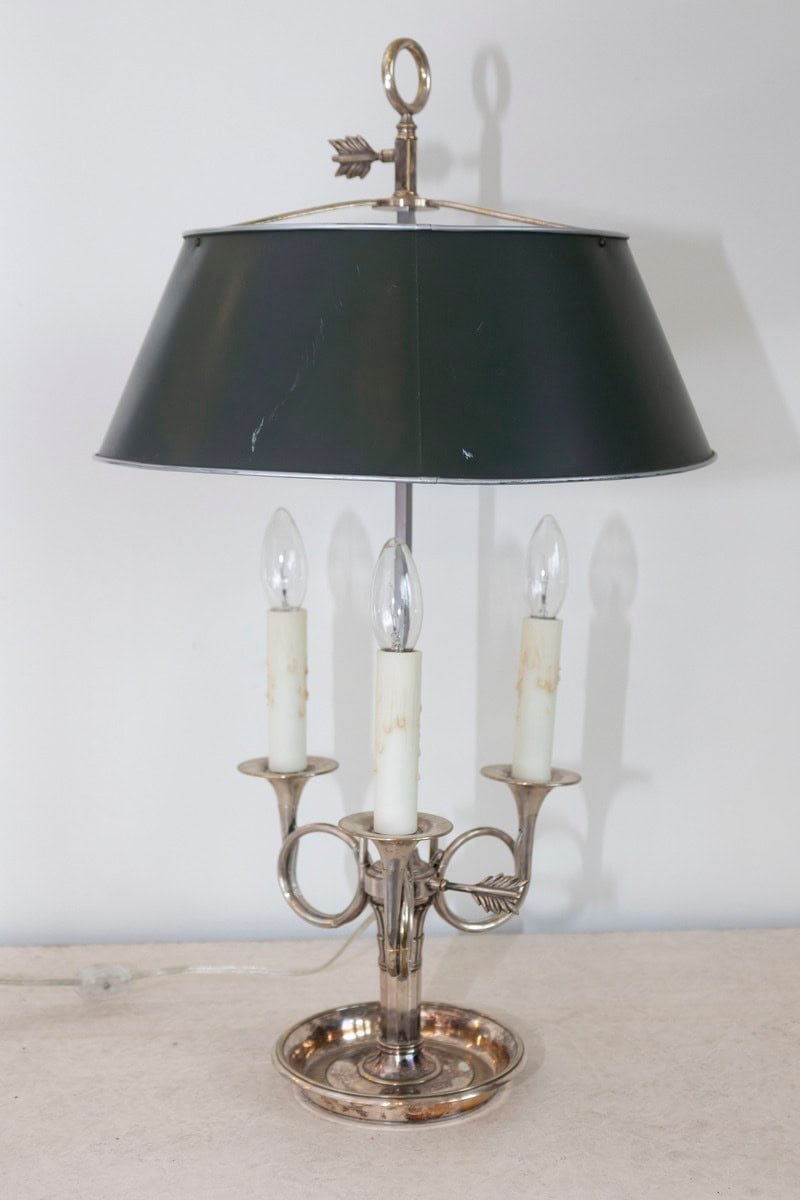 French, 1900s, Silvered Bronze Bouillotte Table Lamp with Horns and Green Shade - JAA