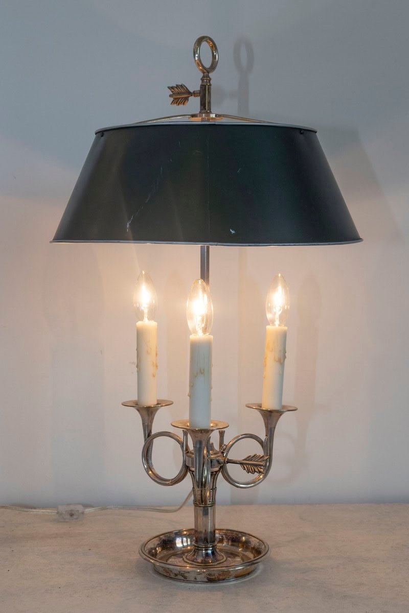 French, 1900s, Silvered Bronze Bouillotte Table Lamp with Horns and Green Shade - JAA