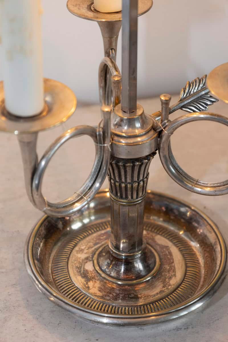 French, 1900s, Silvered Bronze Bouillotte Table Lamp with Horns and Green Shade - JAA