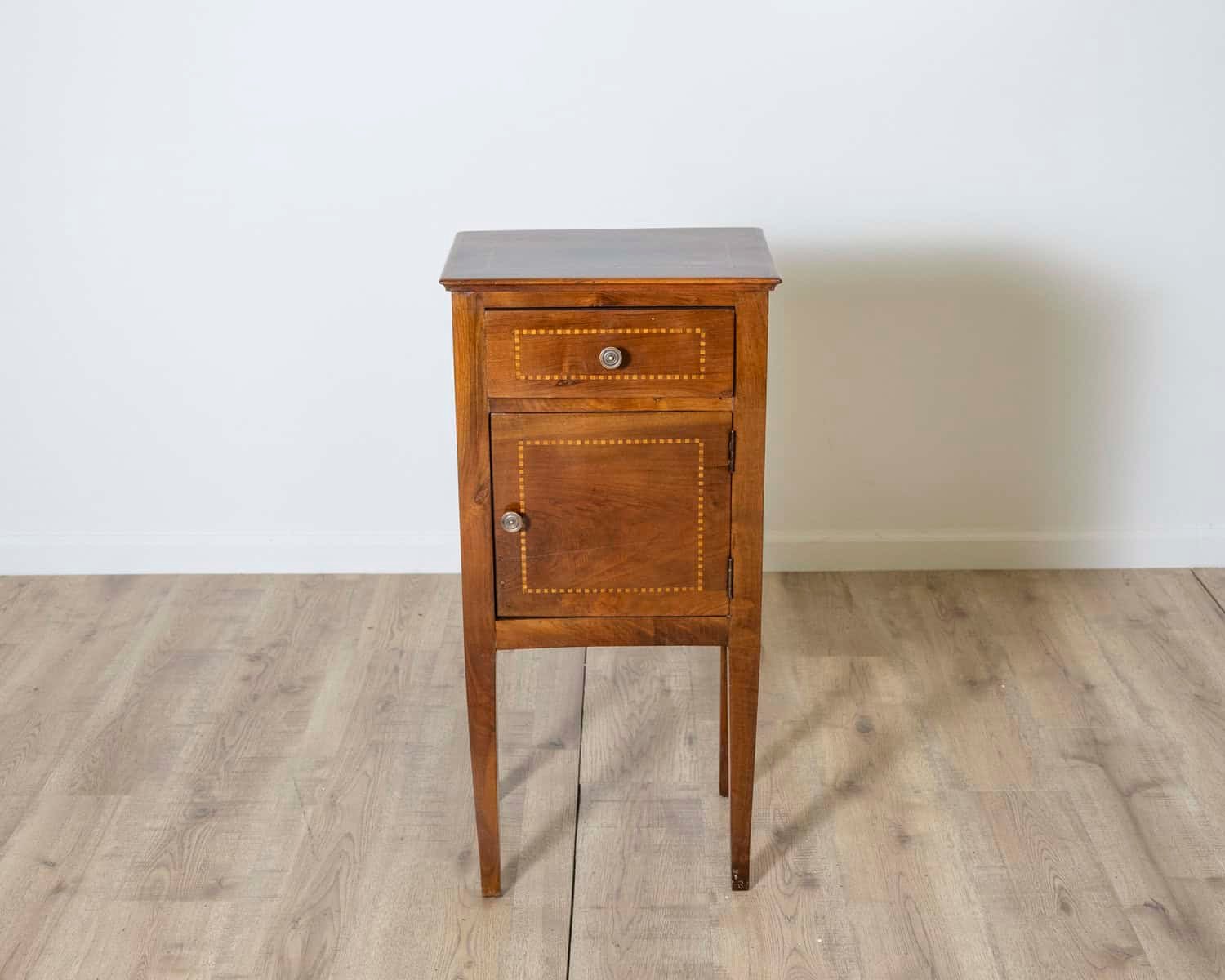 Antique Directoire Bedside Nightstand Table In Walnut And Marquetry - Italy 19th - JAA