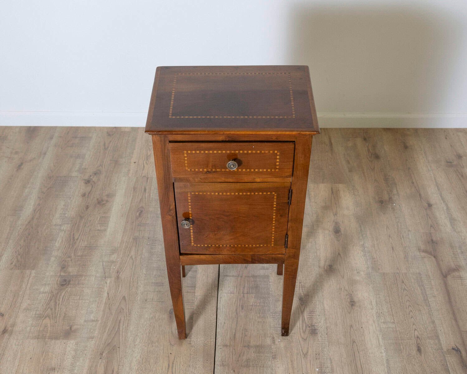 Antique Directoire Bedside Nightstand Table In Walnut And Marquetry - Italy 19th - JAA
