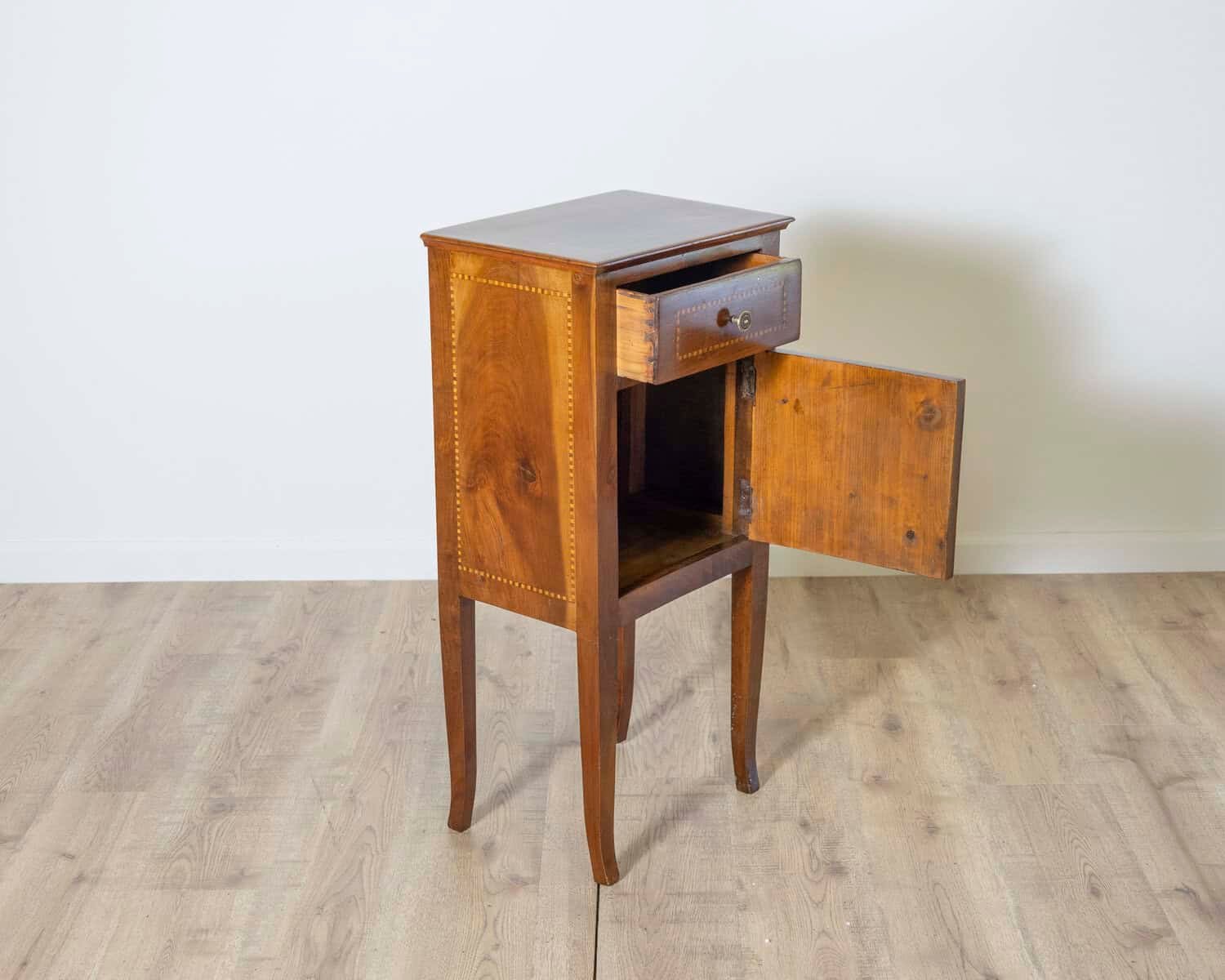 Antique Directoire Bedside Nightstand Table In Walnut And Marquetry - Italy 19th - JAA