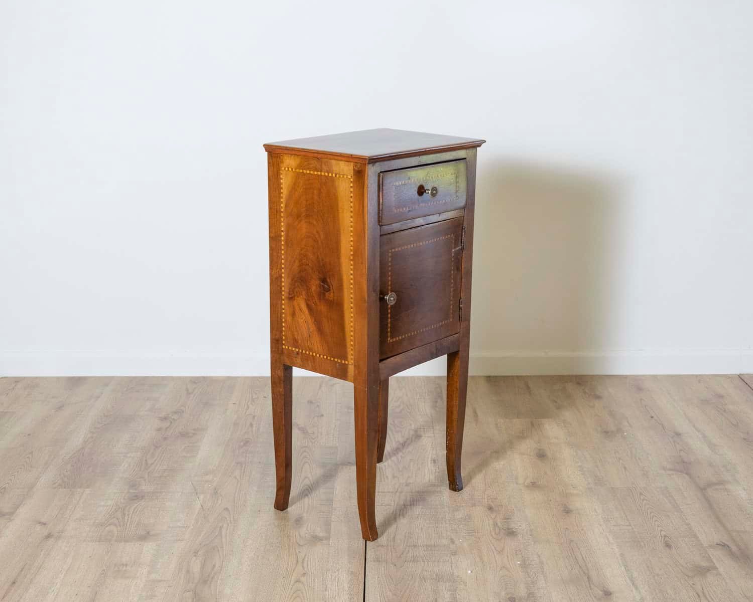Antique Directoire Bedside Nightstand Table In Walnut And Marquetry - Italy 19th - JAA