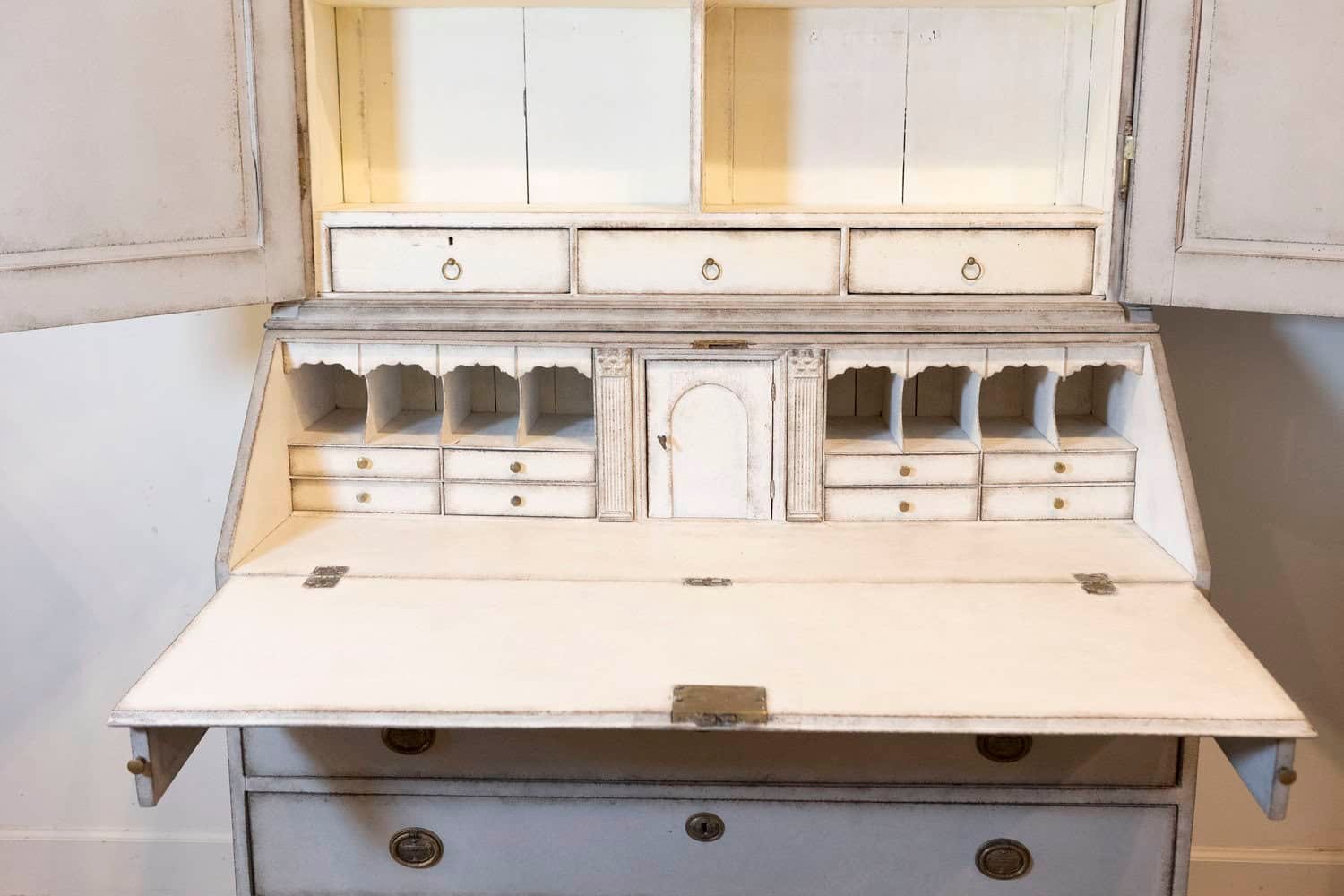 European 1800s Two-Part Painted Wood Secretary with Slanted Front Desk - JAA
