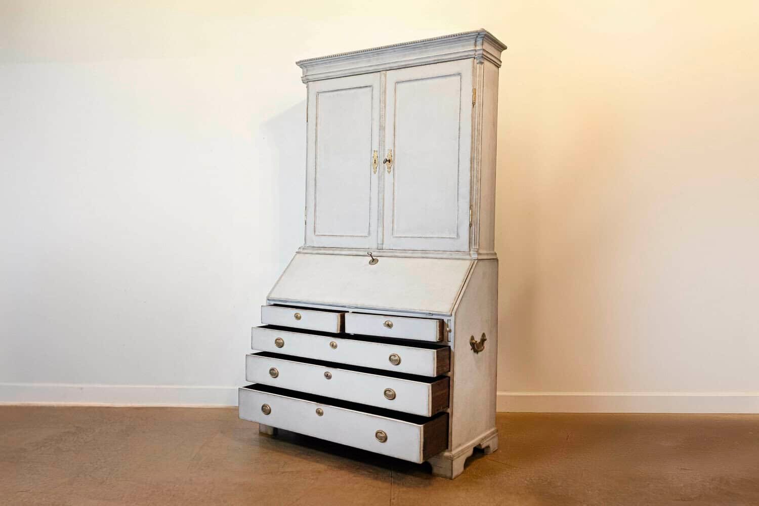 European 1800s Two-Part Painted Wood Secretary with Slanted Front Desk - JAA