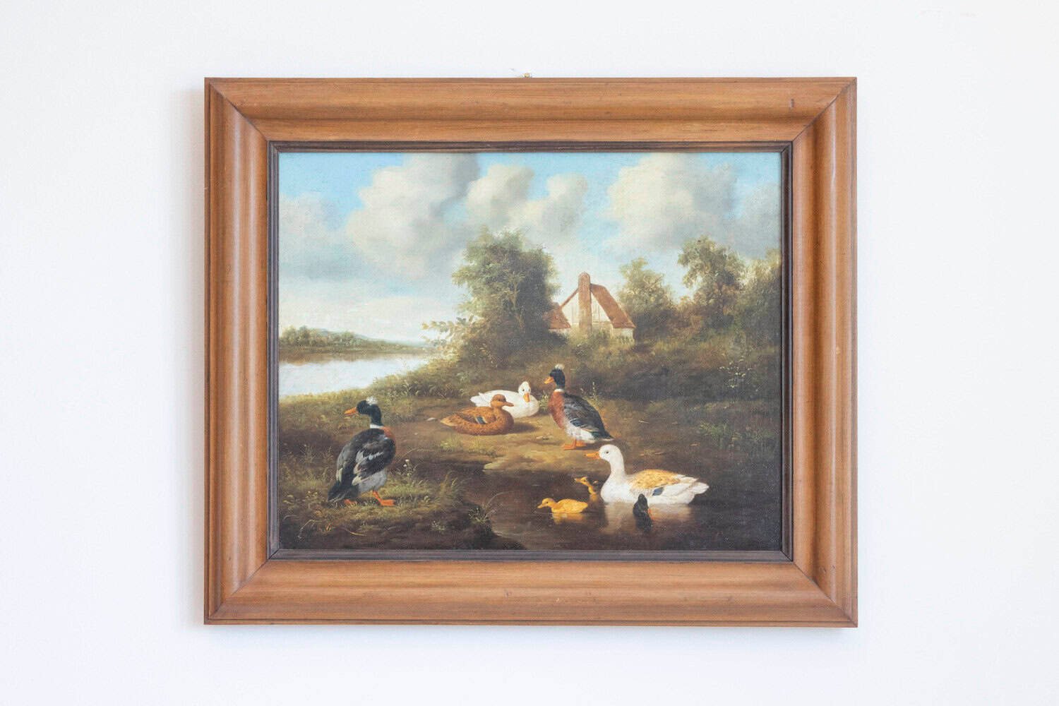 French 1850s Oil on Panel Baryard Painting with Ducks and Vibrant Colors - JAA