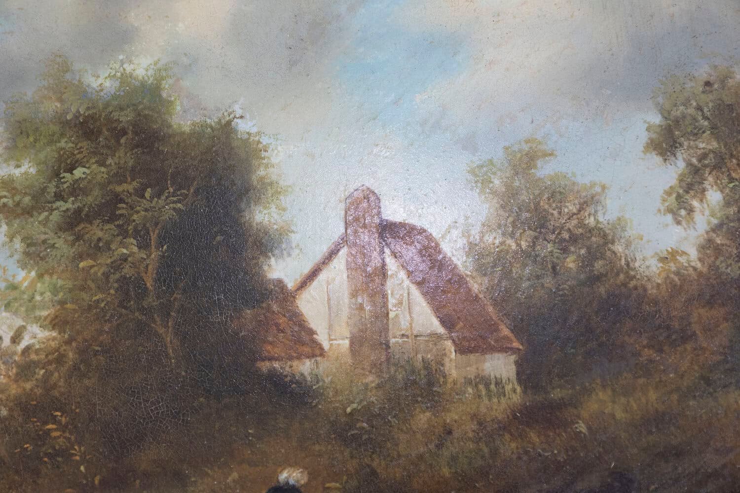 French 1850s Oil on Panel Baryard Painting with Ducks and Vibrant Colors - JAA