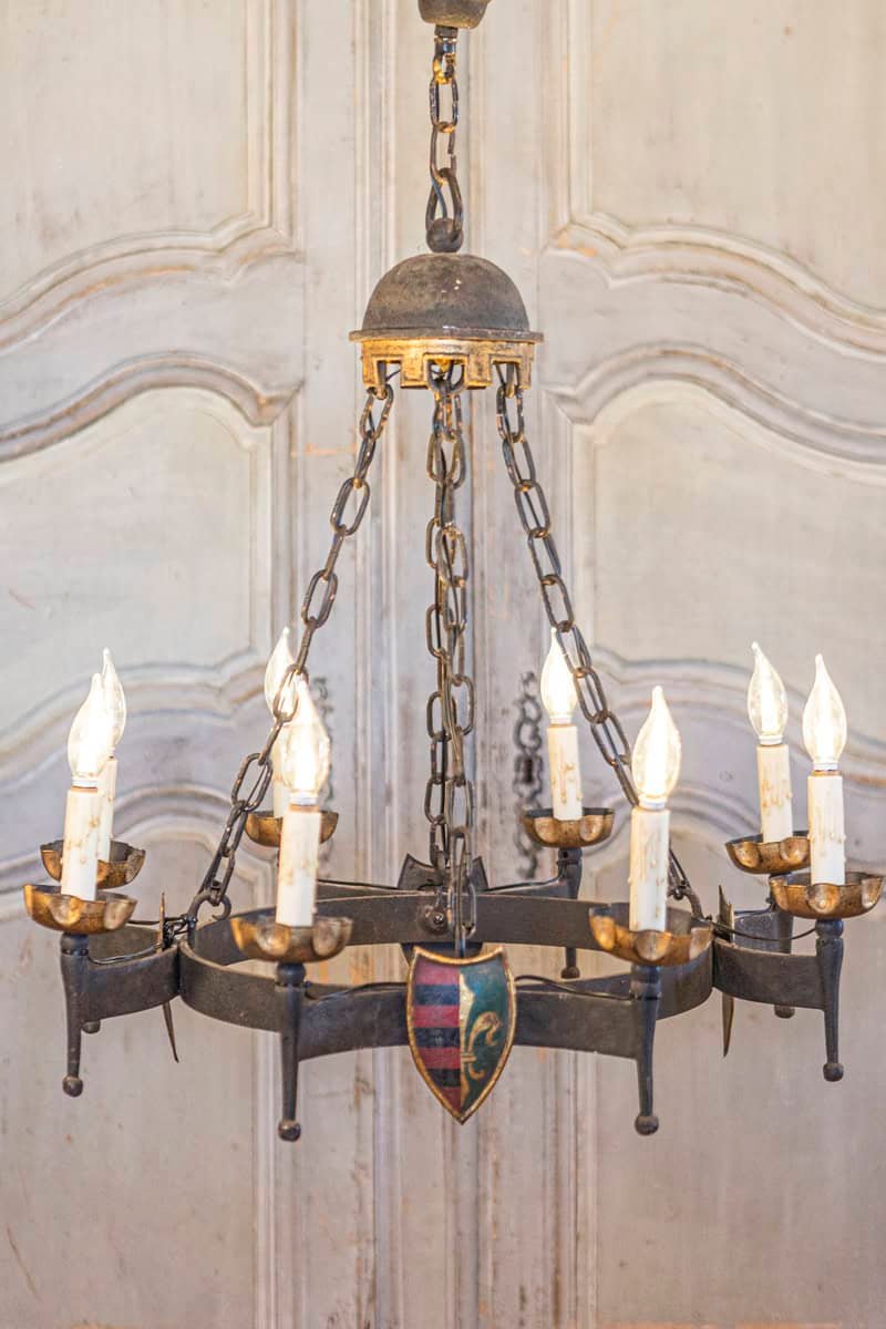 French Gothic Style Eight-Light Iron Chandelier with Hand-Painted Crests, Wired - JAA