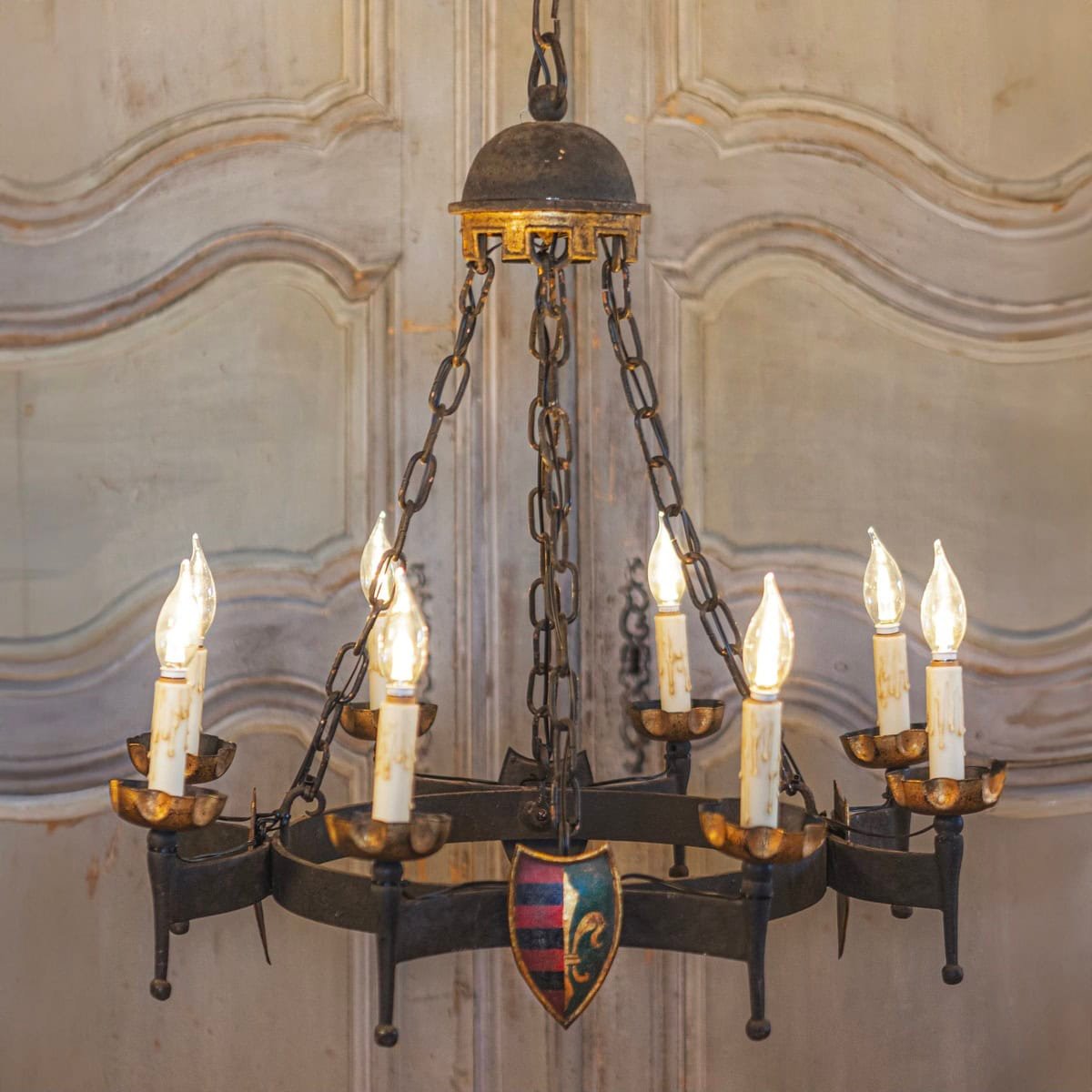 French Gothic Style Eight-Light Iron Chandelier with Hand-Painted Crests, Wired - JAA