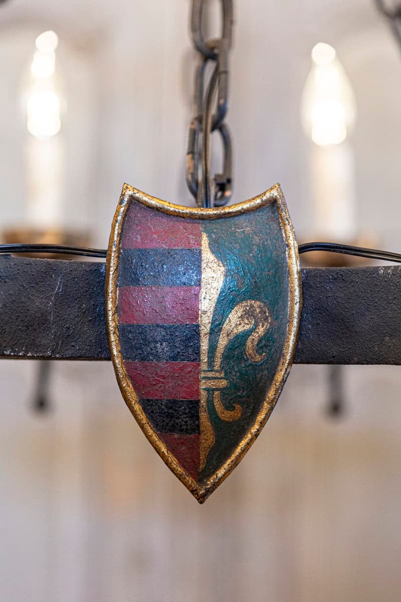 French Gothic Style Eight-Light Iron Chandelier with Hand-Painted Crests, Wired - JAA