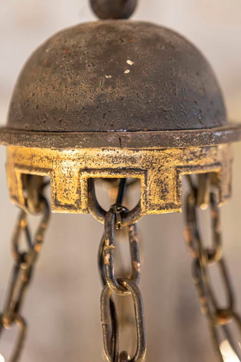 French Gothic Style Eight-Light Iron Chandelier with Hand-Painted Crests, Wired - JAA