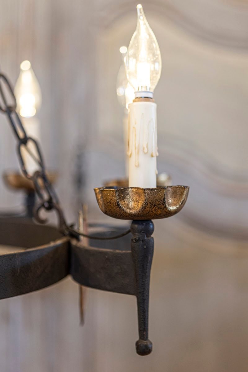 French Gothic Style Eight-Light Iron Chandelier with Hand-Painted Crests, Wired - JAA