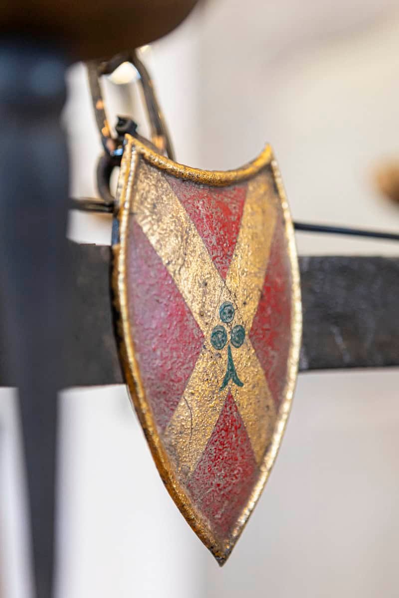 French Gothic Style Eight-Light Iron Chandelier with Hand-Painted Crests, Wired - JAA