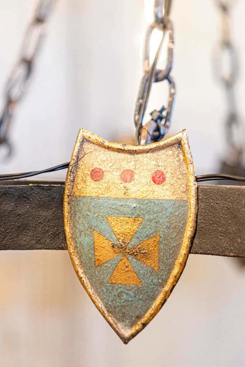 French Gothic Style Eight-Light Iron Chandelier with Hand-Painted Crests, Wired - JAA