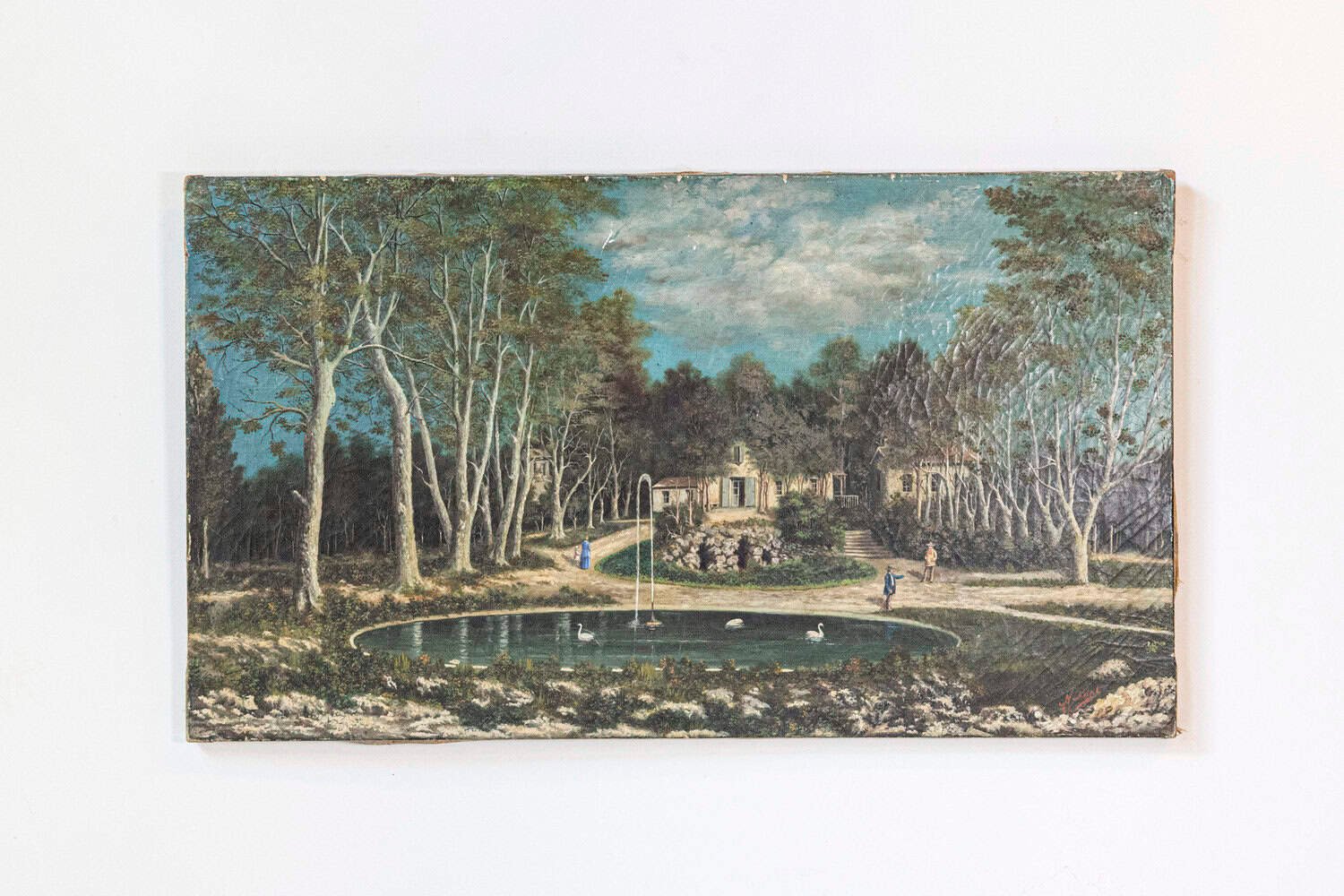 French 19th Century Oil on Canvas Hamlet Painting with Circular Fountain - JAA