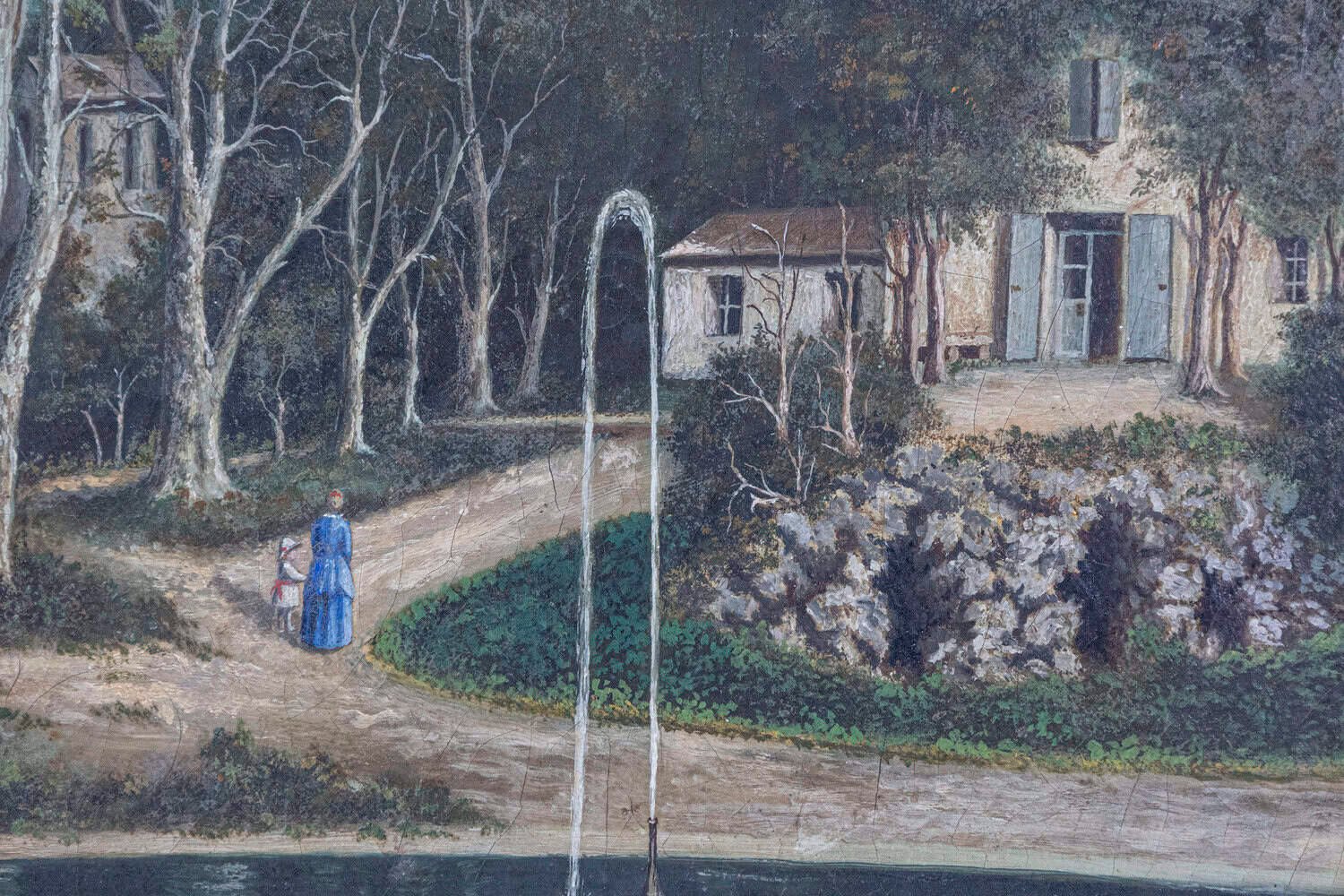 French 19th Century Oil on Canvas Hamlet Painting with Circular Fountain - JAA
