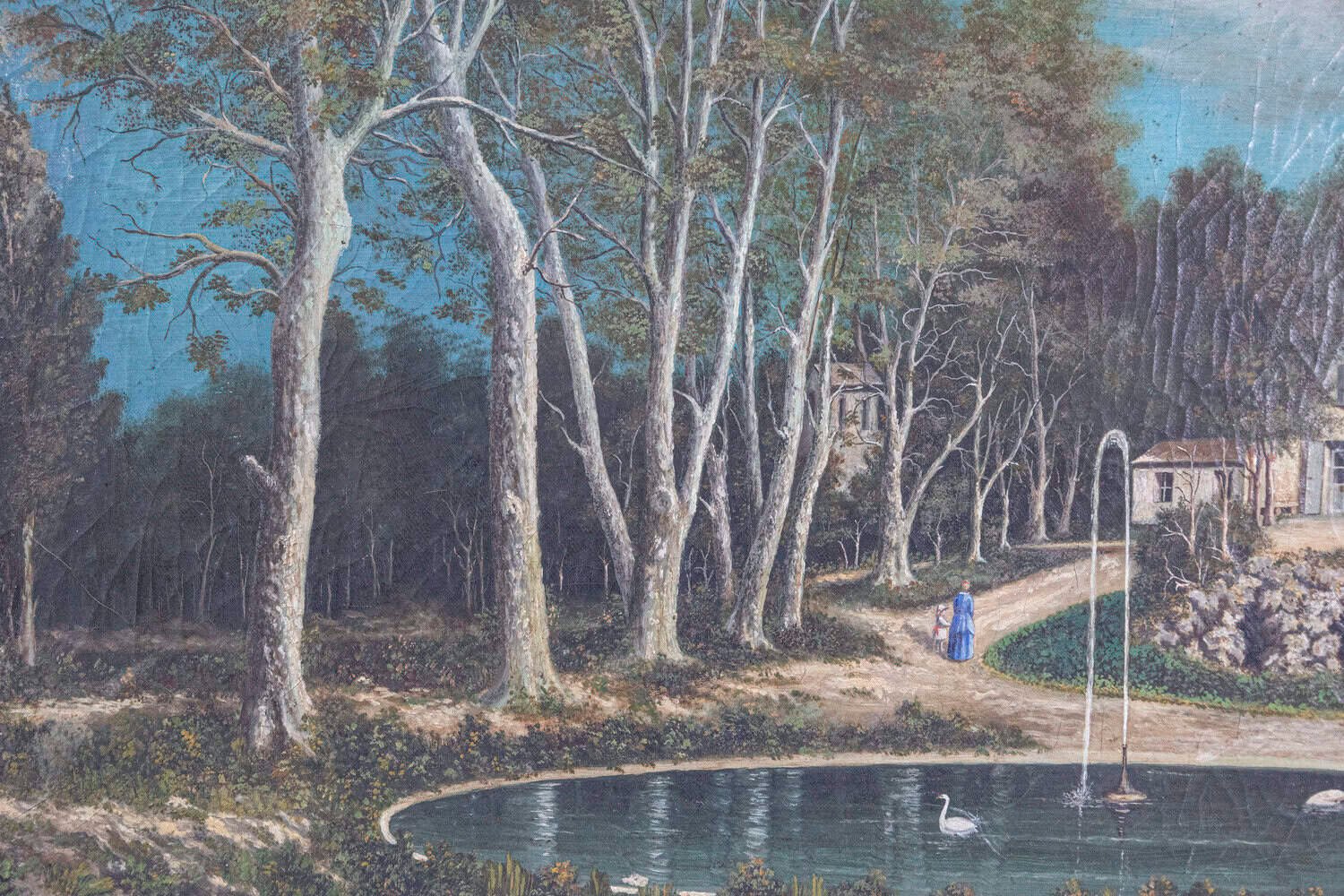 French 19th Century Oil on Canvas Hamlet Painting with Circular Fountain - JAA