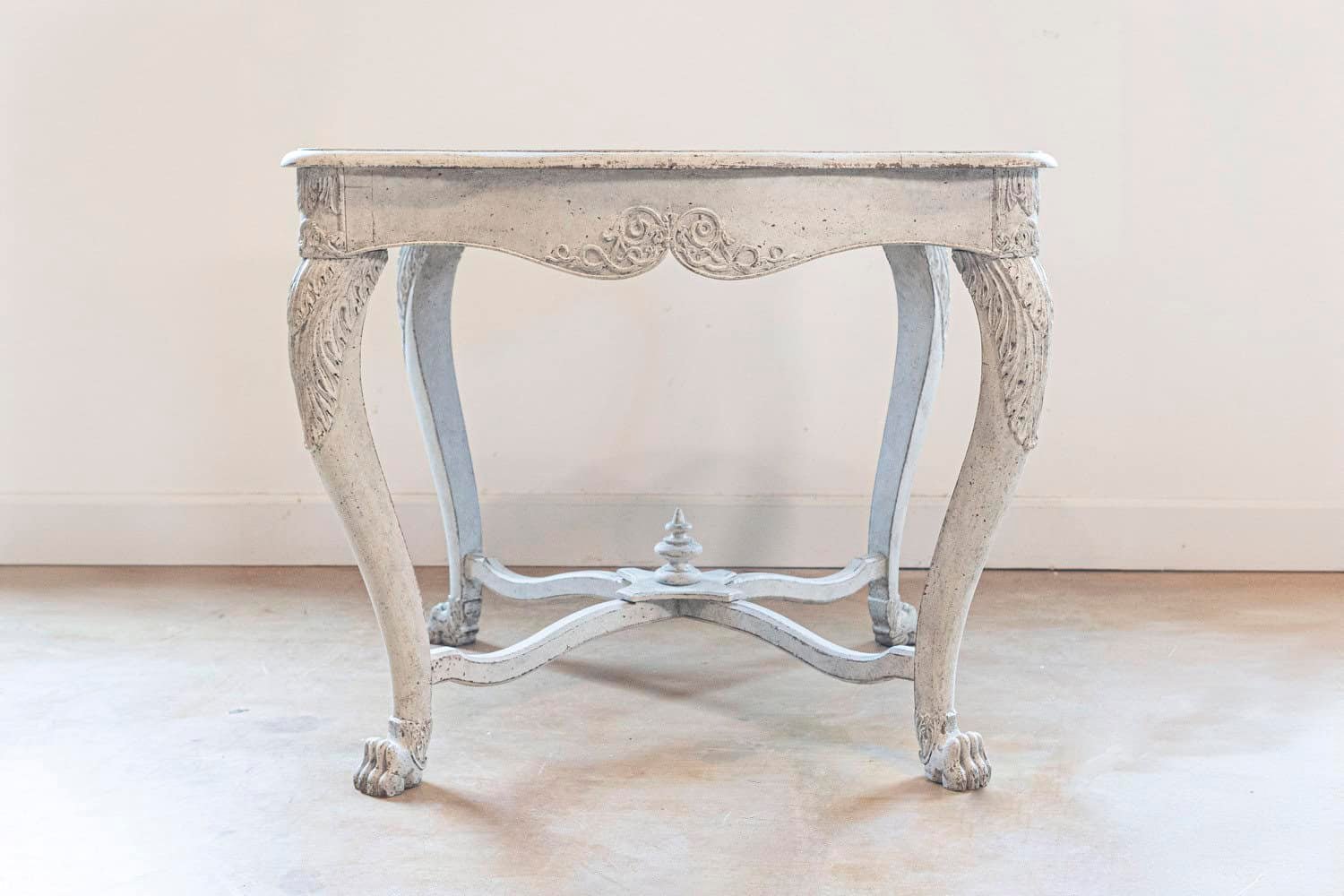 Swedish 1850s Painted Center Table with Carved Volutes and Cross Stretcher - JAA