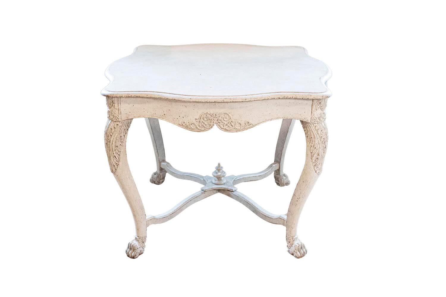 Swedish 1850s Painted Center Table with Carved Volutes and Cross Stretcher