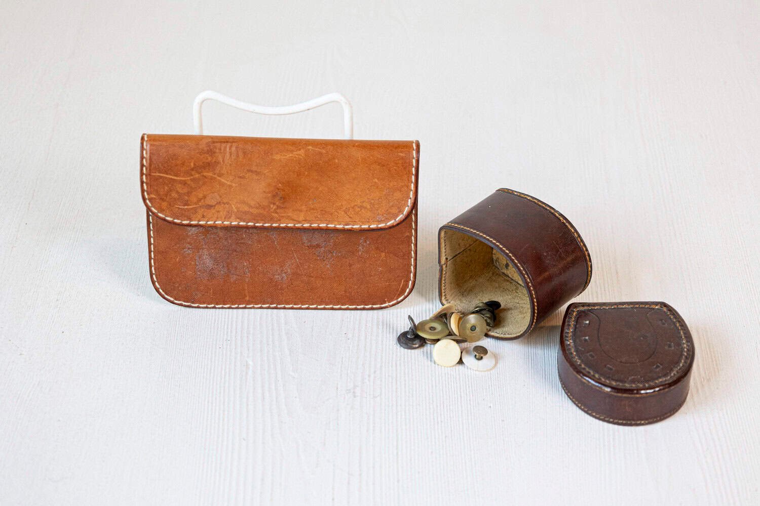 English Victorian Period 19th Century Brown Leather Case with Button Box - JAA