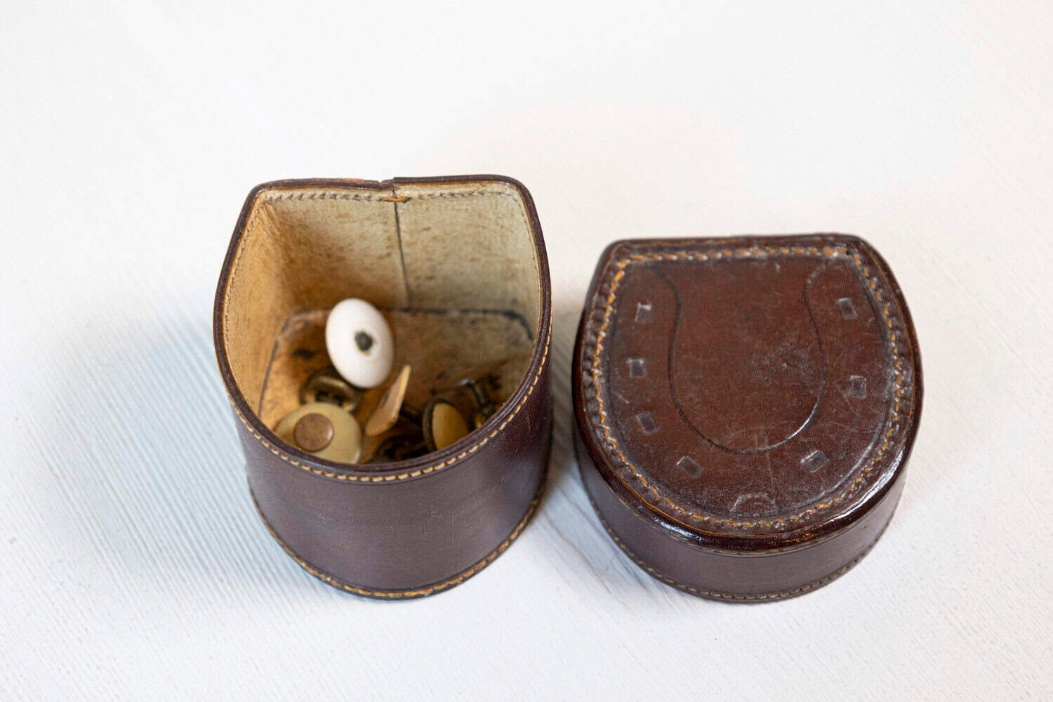 English Victorian Period 19th Century Brown Leather Case with Button Box - JAA